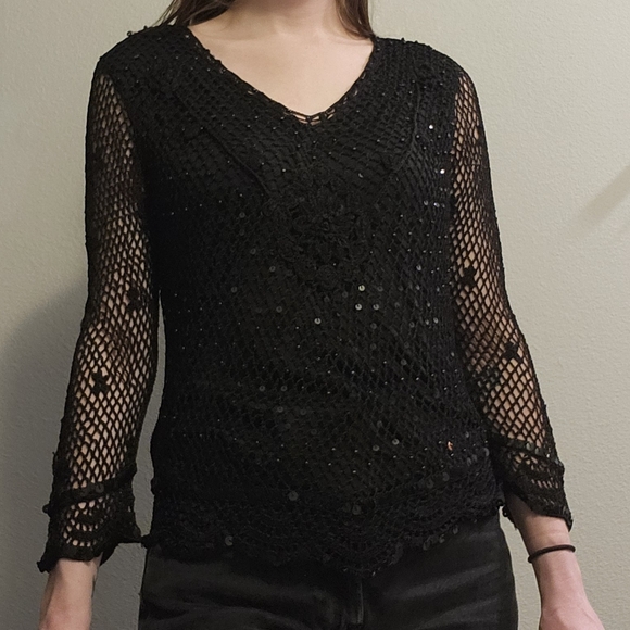 R & M Richards Tops - Black Crochet Sequin Top